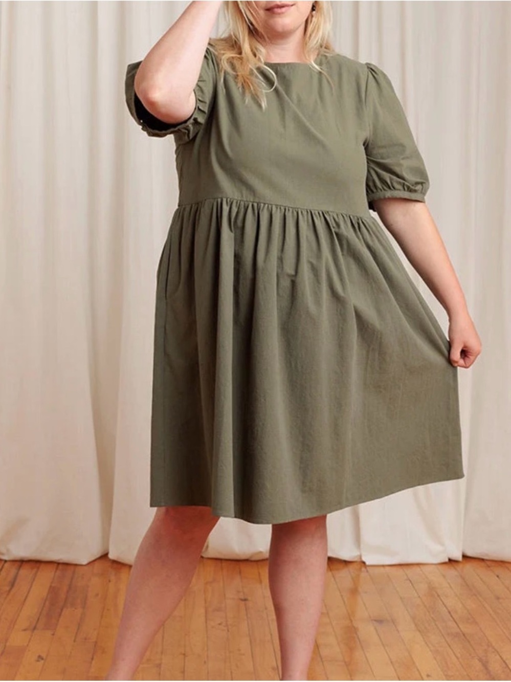 Tradlands Olive Green Puff-Sleeve Gathered Dress